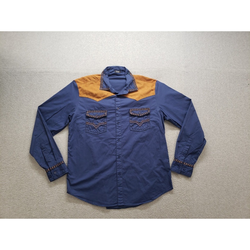 Coofandy Men Shirt L Navy Blue 100% Cotton Embroidery Pockets Collared Western‎